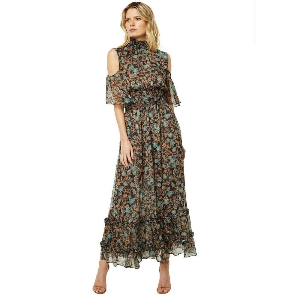 Misa Plum Smocked Gold Leaf Floral Maxi Cold Shoulder Ruffle Dress Size XS